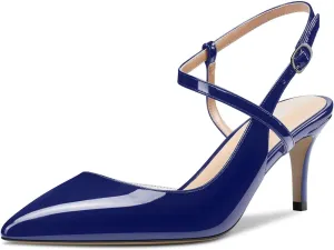 HDEUOLM Women Mid Heels Ankle Strap Slingback Pumps Kitten Heel Sandals Basic Closed Toe Plus Size Shoes