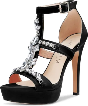 HDEUOLM Womens Stiletto High Heel Platform Diamond Crystal Sandals Roman Sexy Clear Wedding 5.1 Inches Heels Shoes