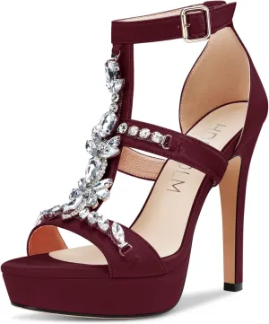 HDEUOLM Womens Stiletto High Heel Platform Diamond Crystal Sandals Roman Sexy Clear Wedding 5.1 Inches Heels Shoes