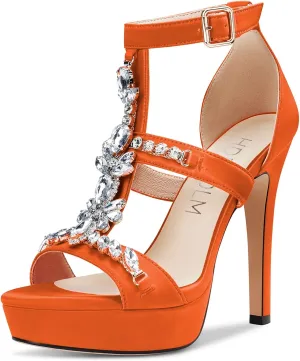 HDEUOLM Womens Stiletto High Heel Platform Diamond Crystal Sandals Roman Sexy Clear Wedding 5.1 Inches Heels Shoes