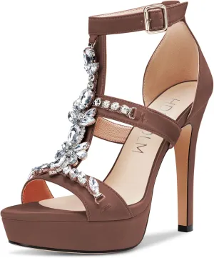 HDEUOLM Womens Stiletto High Heel Platform Diamond Crystal Sandals Roman Sexy Clear Wedding 5.1 Inches Heels Shoes