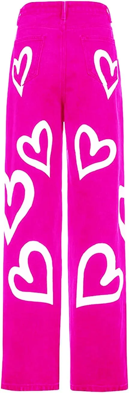 Heart Print Jeans for Women Fashion Wide Leg High Waist Denim Pants Boyfriend Jeans Loose Fit Vintage Jeans for Teen Girls