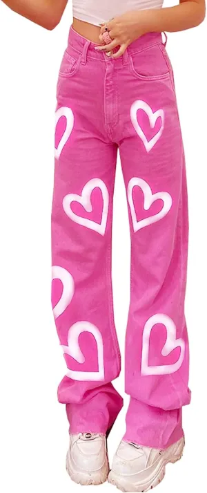 Heart Print Jeans for Women Fashion Wide Leg High Waist Denim Pants Boyfriend Jeans Loose Fit Vintage Jeans for Teen Girls