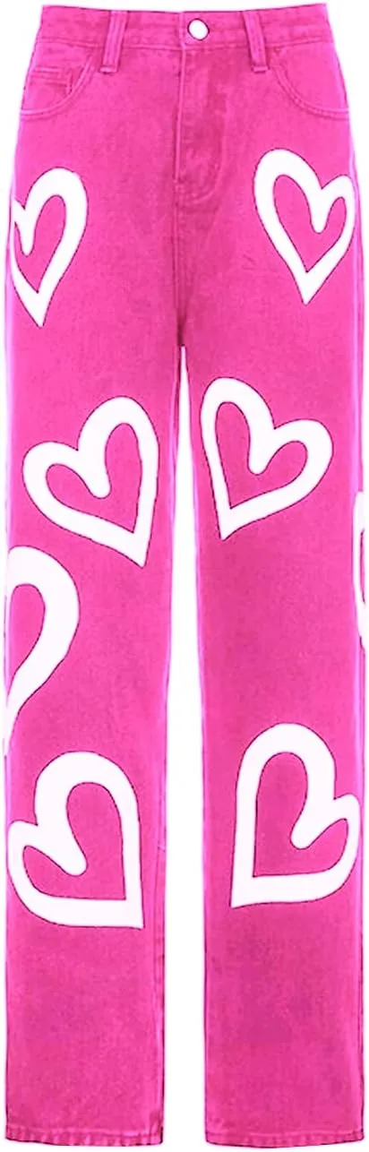 Heart Print Jeans for Women Fashion Wide Leg High Waist Denim Pants Boyfriend Jeans Loose Fit Vintage Jeans for Teen Girls