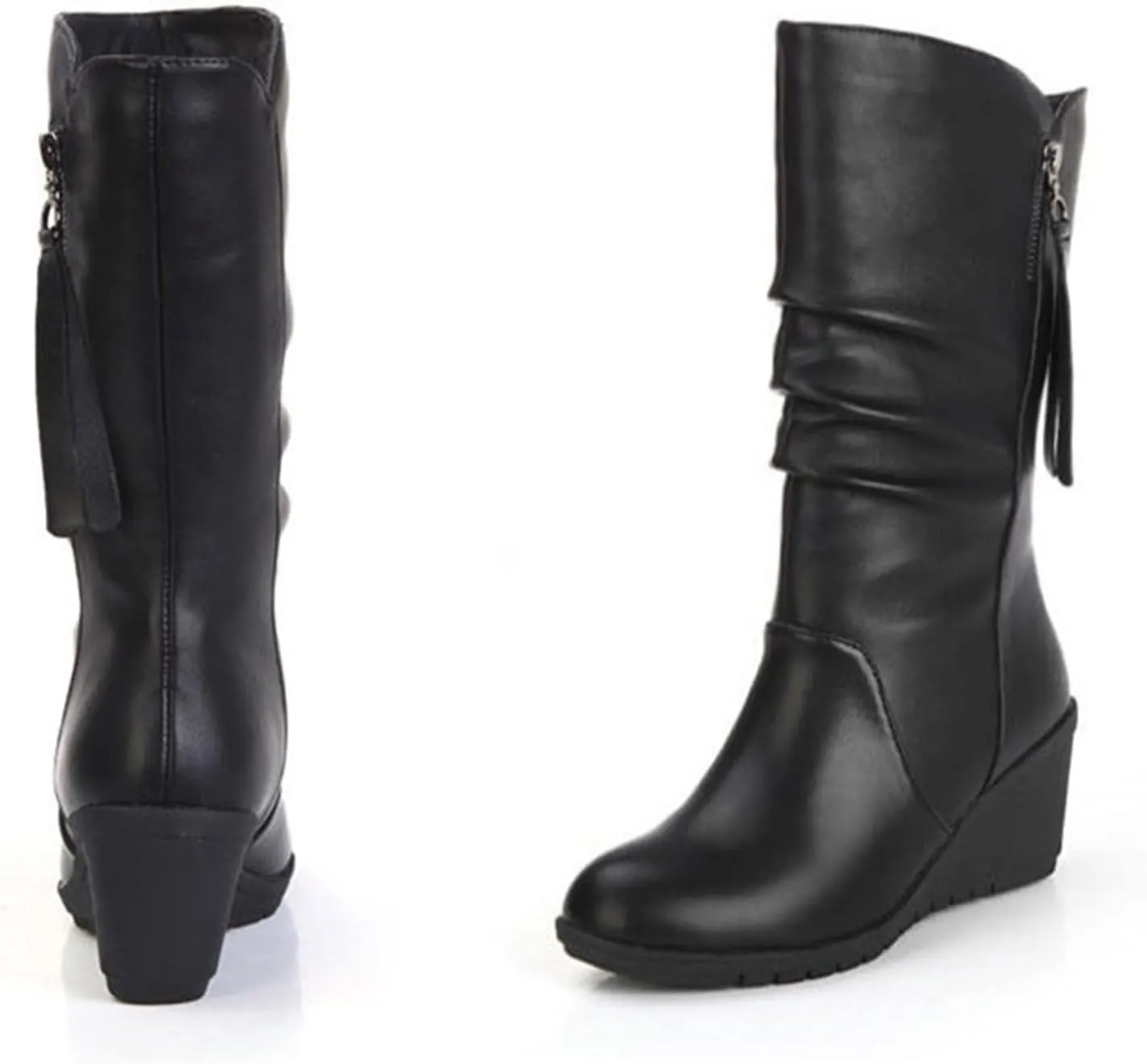 High Heels Boots for Women Fashion Ruched Leather Platform Boots Round Toe Chunky Dress Pump Mid Calf Boots Side Zipper Slouchy Motorcycle Riding Winter Fall Boot