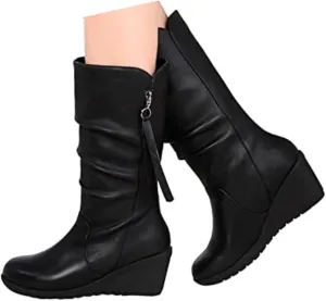 High Heels Boots for Women Fashion Ruched Leather Platform Boots Round Toe Chunky Dress Pump Mid Calf Boots Side Zipper Slouchy Motorcycle Riding Winter Fall Boot
