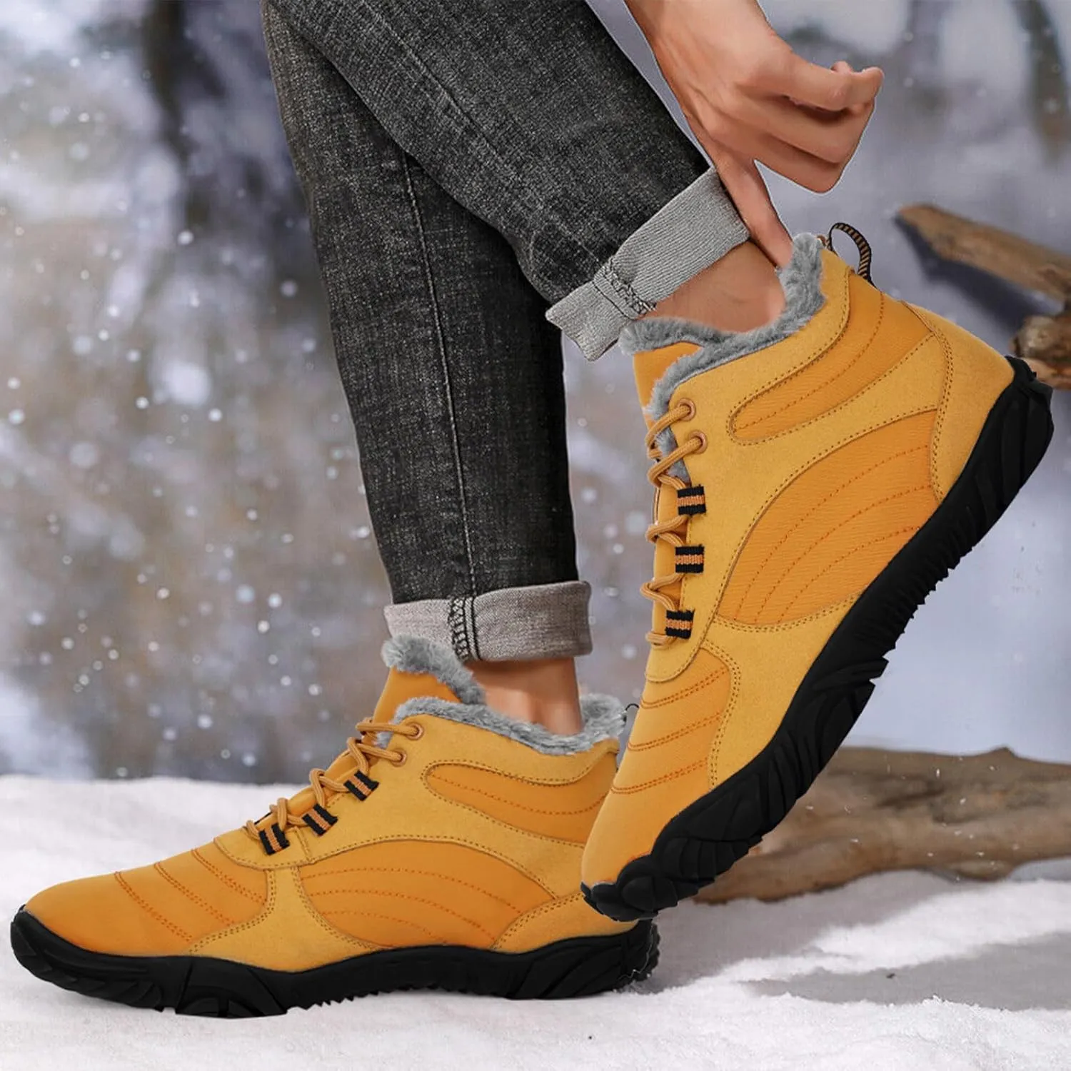 Hike Barefoot Boots Womens Mens Waterproof Fur Lined Winter Barefoot Shoes Minimalist Snow Boots Wide Toe Box Ankle Booties