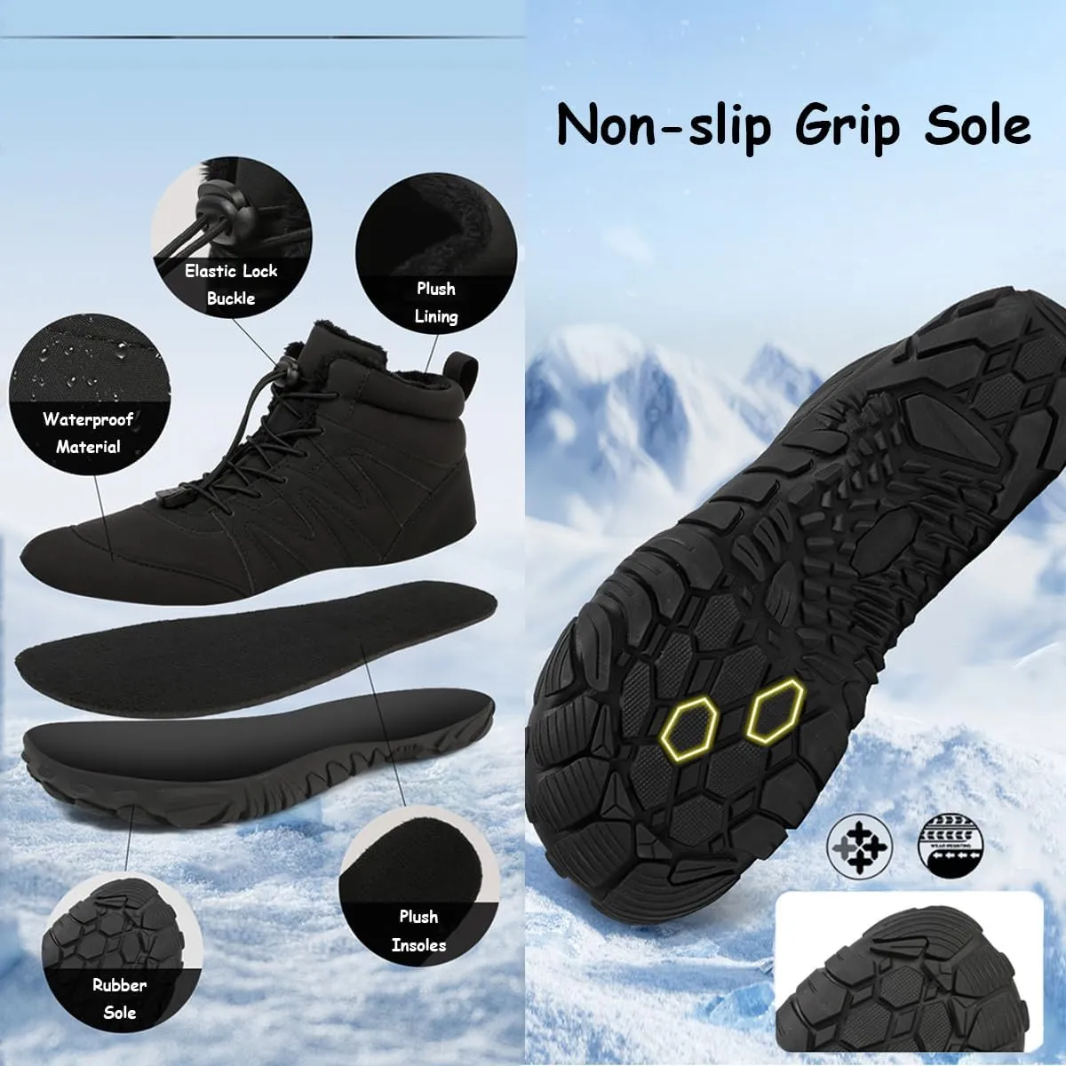Hike Winter Footwear Barefoot Womens, Warm Waterproof Hiking Winter Barefoot Shoes Men, Anti-slip Barefoot Boots Winter