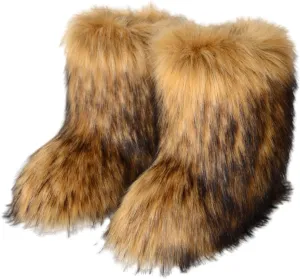 HINDOLA Womens Faux Fur Boots Fuzzy Fluffy Furry Round Toe Suede Boots Winter Comfy Plush Warm Snow Boots Comfortable Winter Ankle Booties Anti Slip Outdoor Indoor Flat Shoes