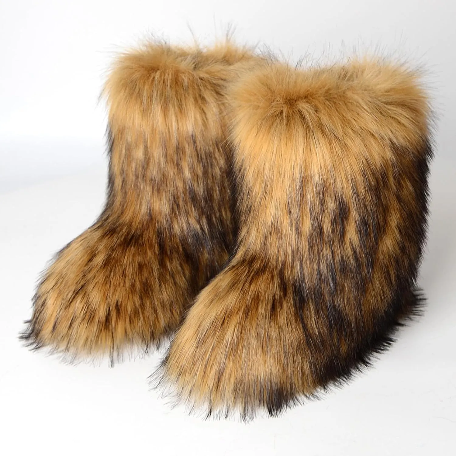 HINDOLA Womens Faux Fur Boots Fuzzy Fluffy Furry Round Toe Suede Boots Winter Comfy Plush Warm Snow Boots Comfortable Winter Ankle Booties Anti Slip Outdoor Indoor Flat Shoes