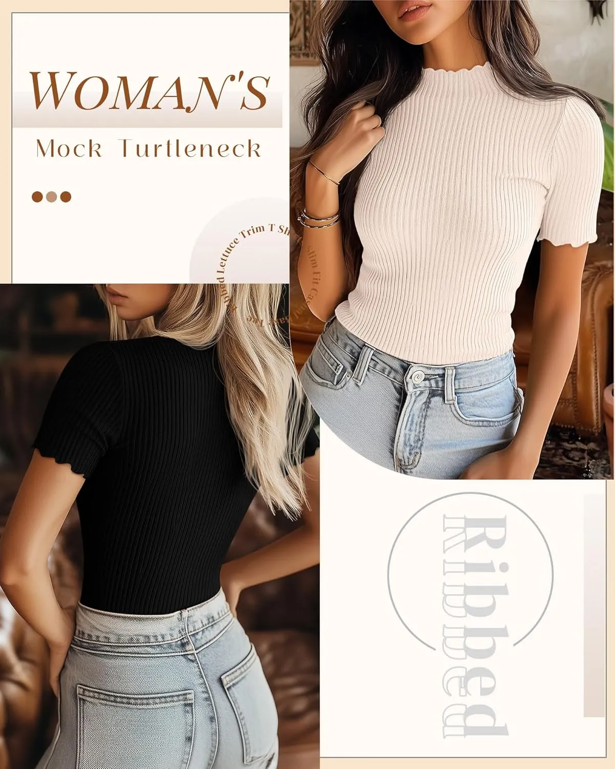 Huukeay 3 Pack Women's Mock Turtleneck Short Sleeve Tops Cotton Ribbed Lettuce Trim T Shirts Slim Fit Casual Base Tee