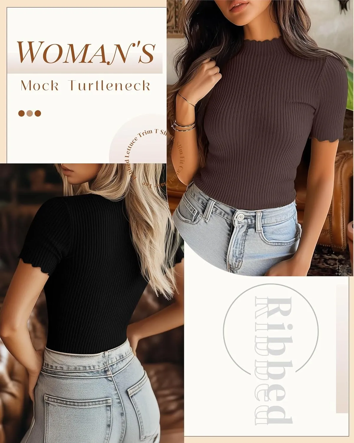 Huukeay 3 Pack Women's Mock Turtleneck Short Sleeve Tops Cotton Ribbed Lettuce Trim T Shirts Slim Fit Casual Base Tee