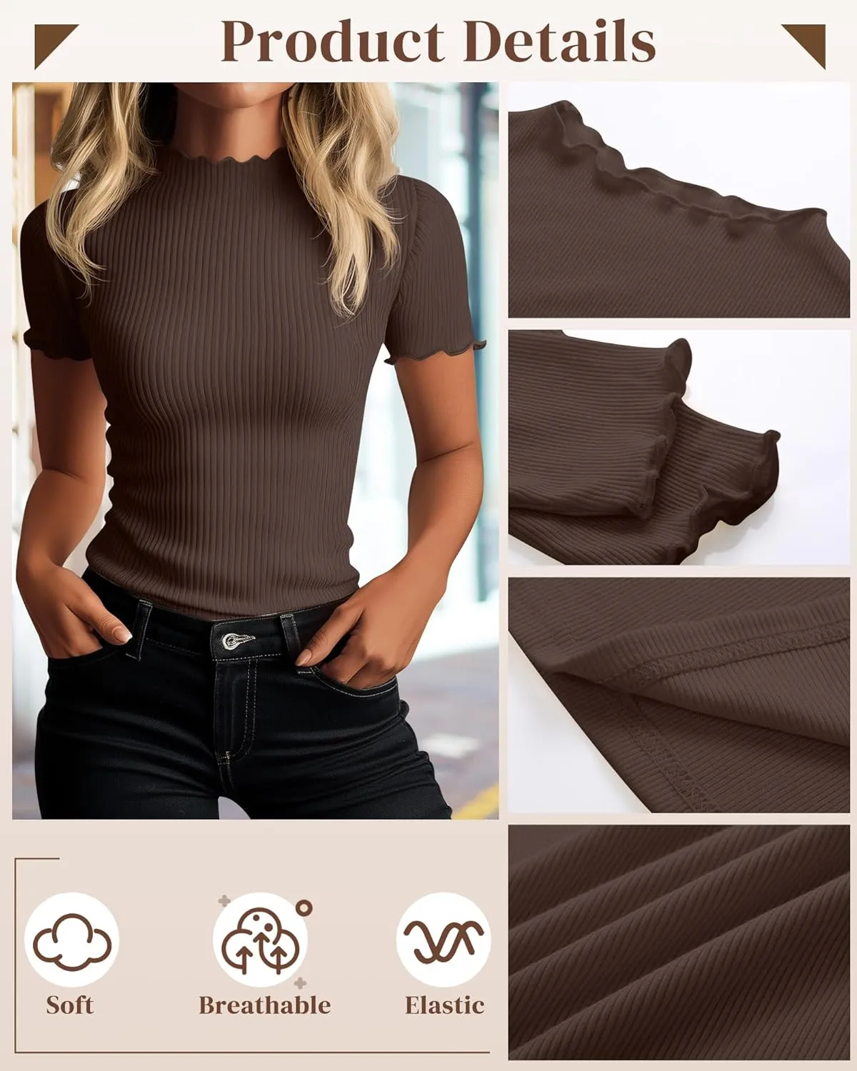 Huukeay 3 Pack Women's Mock Turtleneck Short Sleeve Tops Cotton Ribbed Lettuce Trim T Shirts Slim Fit Casual Base Tee