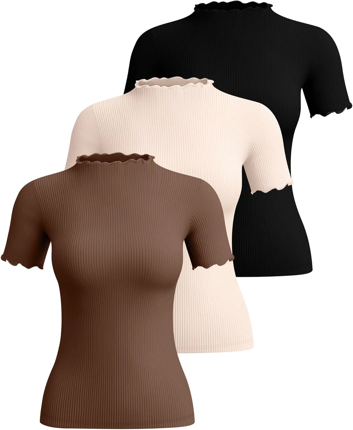 Huukeay 3 Pack Women's Mock Turtleneck Short Sleeve Tops Cotton Ribbed Lettuce Trim T Shirts Slim Fit Casual Base Tee