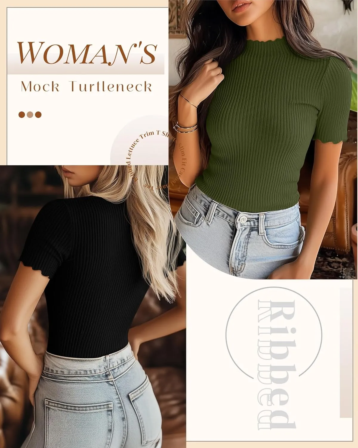 Huukeay 3 Pack Women's Mock Turtleneck Short Sleeve Tops Cotton Ribbed Lettuce Trim T Shirts Slim Fit Casual Base Tee