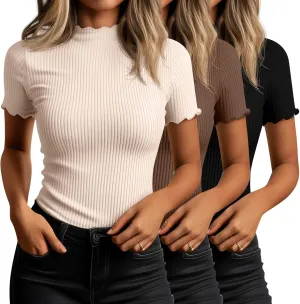Huukeay 3 Pack Women's Mock Turtleneck Short Sleeve Tops Cotton Ribbed Lettuce Trim T Shirts Slim Fit Casual Base Tee