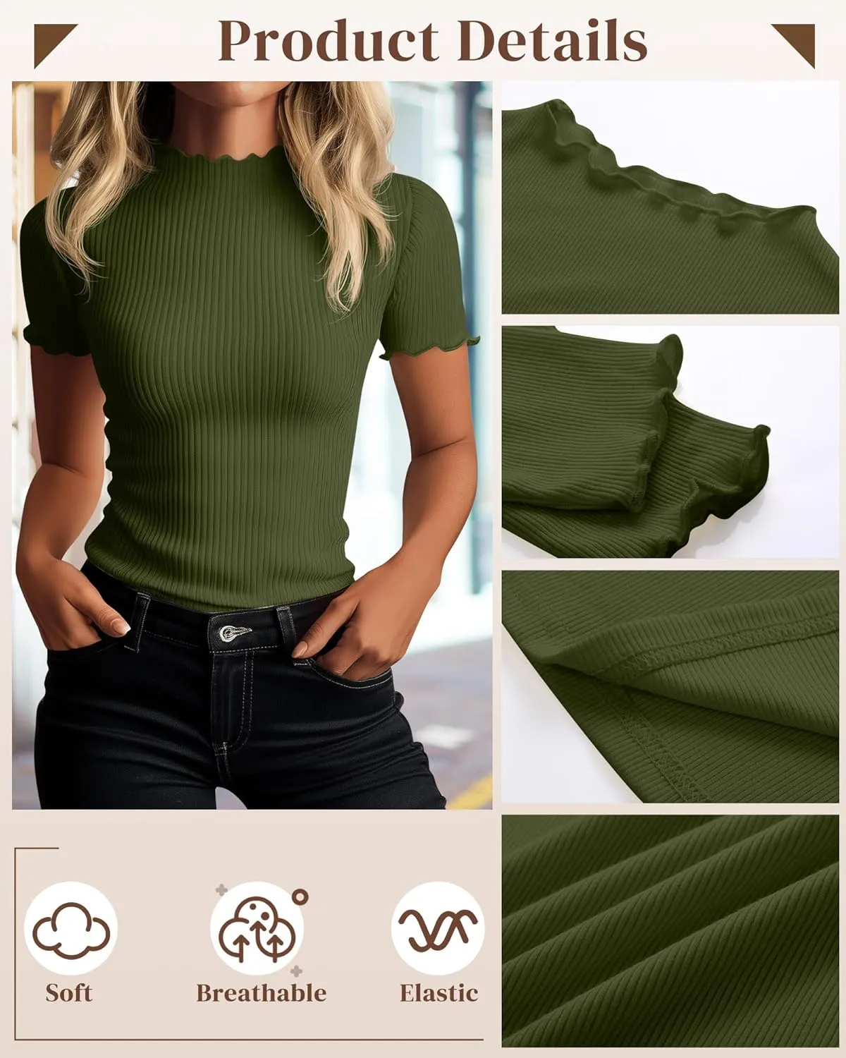 Huukeay 3 Pack Women's Mock Turtleneck Short Sleeve Tops Cotton Ribbed Lettuce Trim T Shirts Slim Fit Casual Base Tee