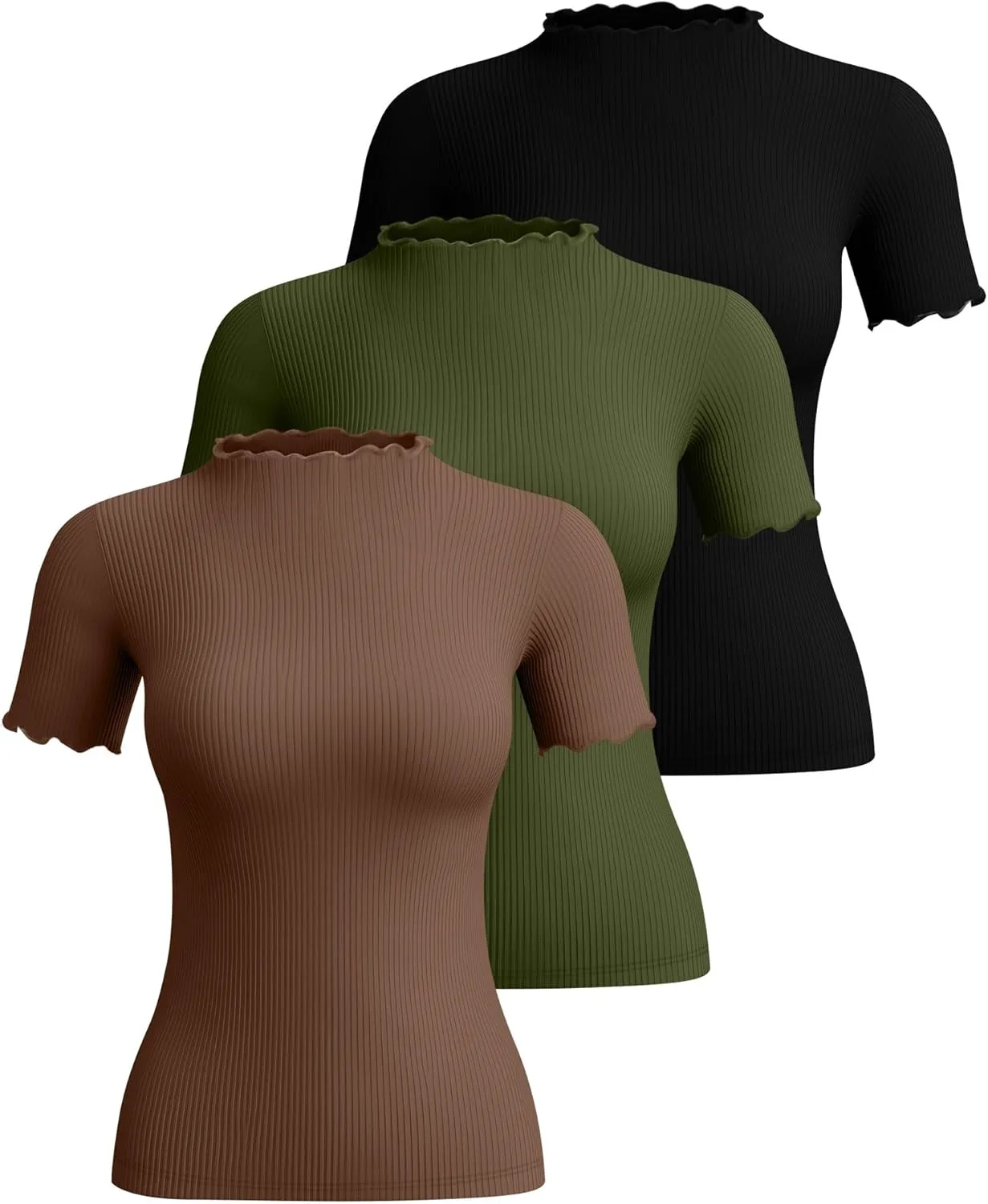 Huukeay 3 Pack Women's Mock Turtleneck Short Sleeve Tops Cotton Ribbed Lettuce Trim T Shirts Slim Fit Casual Base Tee
