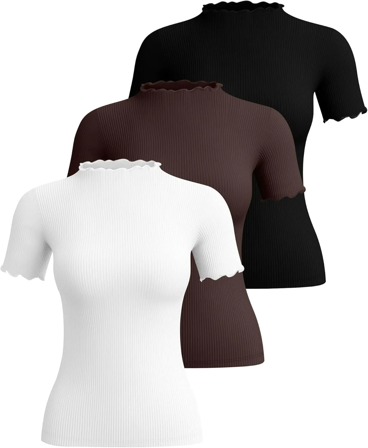 Huukeay 3 Pack Women's Mock Turtleneck Short Sleeve Tops Cotton Ribbed Lettuce Trim T Shirts Slim Fit Casual Base Tee