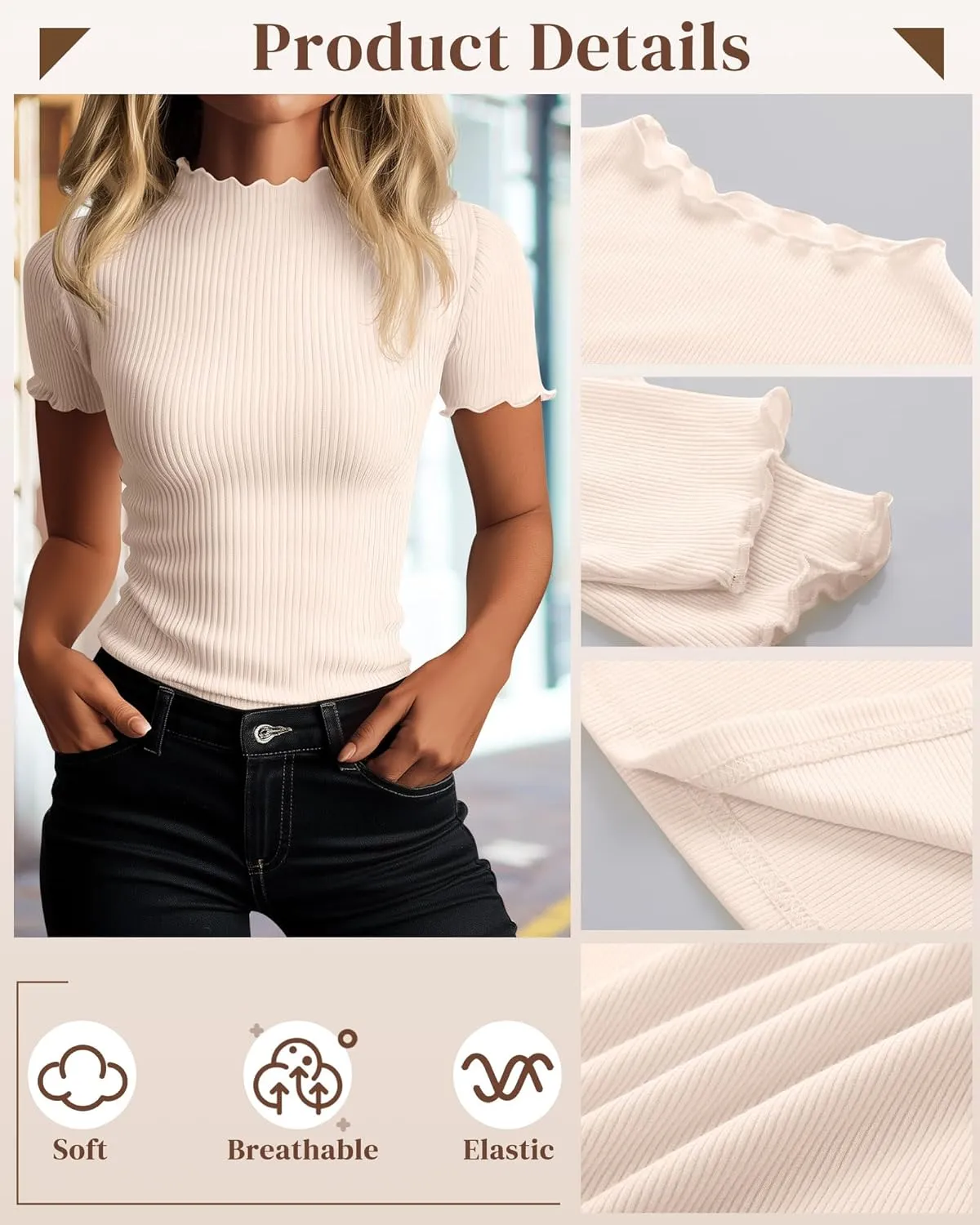 Huukeay 3 Pack Women's Mock Turtleneck Short Sleeve Tops Cotton Ribbed Lettuce Trim T Shirts Slim Fit Casual Base Tee
