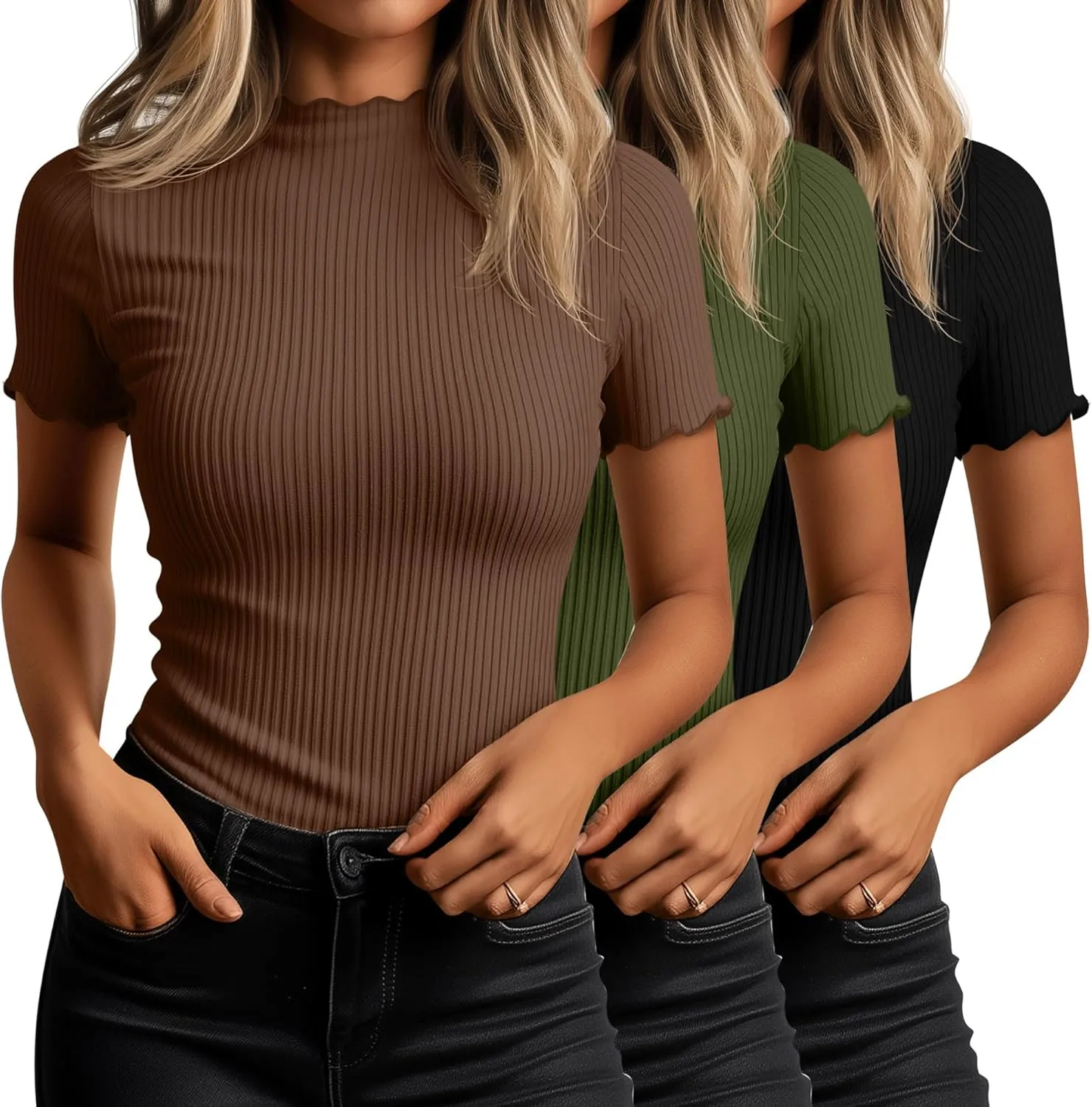 Huukeay 3 Pack Women's Mock Turtleneck Short Sleeve Tops Cotton Ribbed Lettuce Trim T Shirts Slim Fit Casual Base Tee