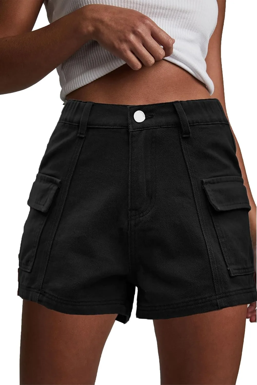 HVEPUO Womens High Waisted Cargo Jean Shorts Y2K Casual Summer Denim Shorts Elastic Waist Pull On Shorts with Pockets