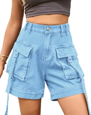 HVEPUO Womens High Waisted Cargo Jean Shorts Y2K Casual Summer Denim Shorts Elastic Waist Pull On Shorts with Pockets