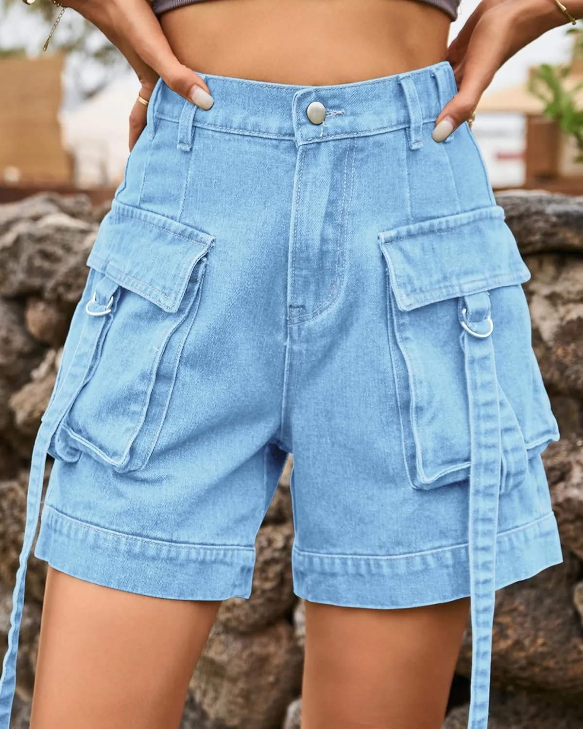 HVEPUO Womens High Waisted Cargo Jean Shorts Y2K Casual Summer Denim Shorts Elastic Waist Pull On Shorts with Pockets