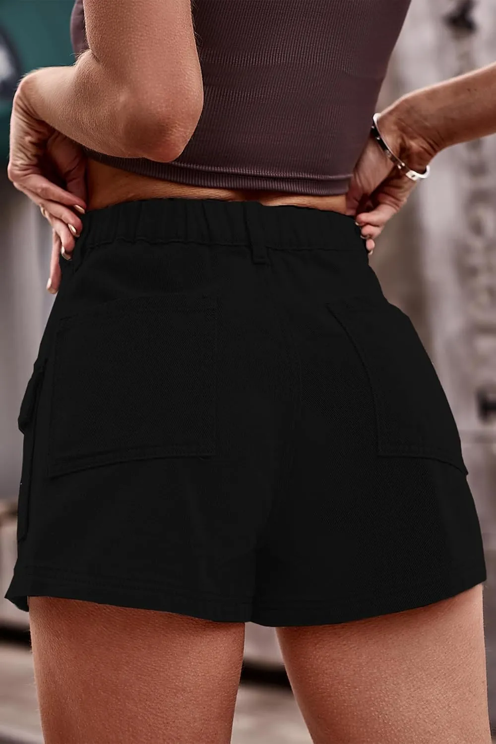 HVEPUO Womens High Waisted Cargo Jean Shorts Y2K Casual Summer Denim Shorts Elastic Waist Pull On Shorts with Pockets