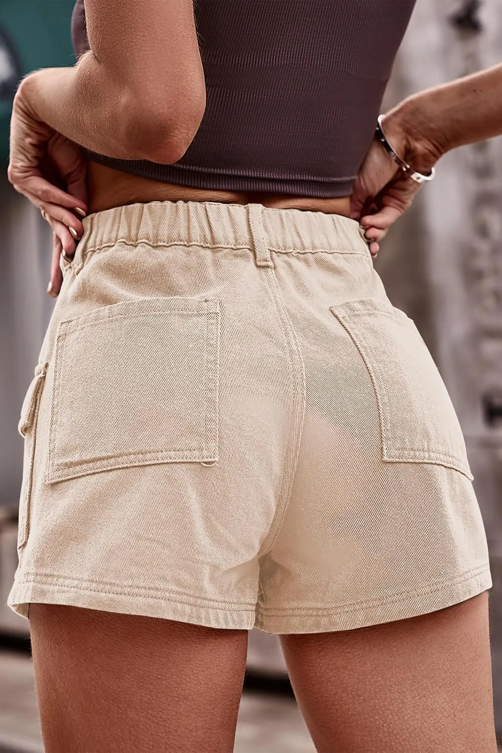 HVEPUO Womens High Waisted Cargo Jean Shorts Y2K Casual Summer Denim Shorts Elastic Waist Pull On Shorts with Pockets