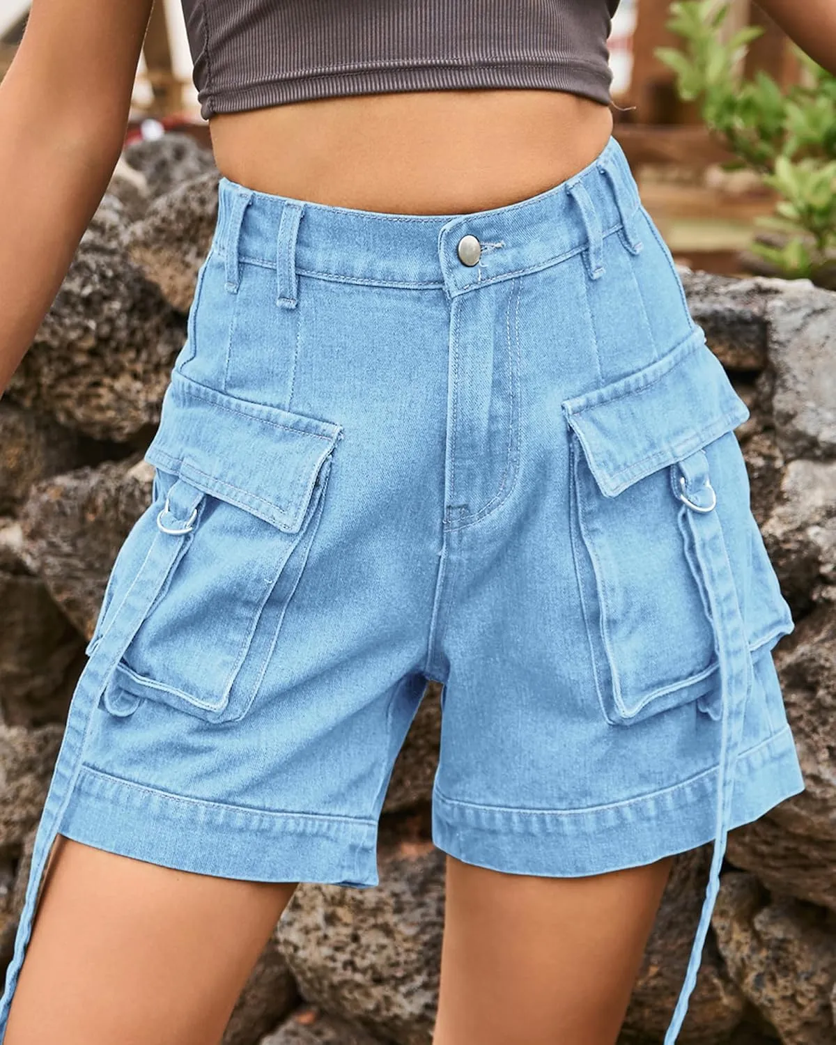 HVEPUO Womens High Waisted Cargo Jean Shorts Y2K Casual Summer Denim Shorts Elastic Waist Pull On Shorts with Pockets