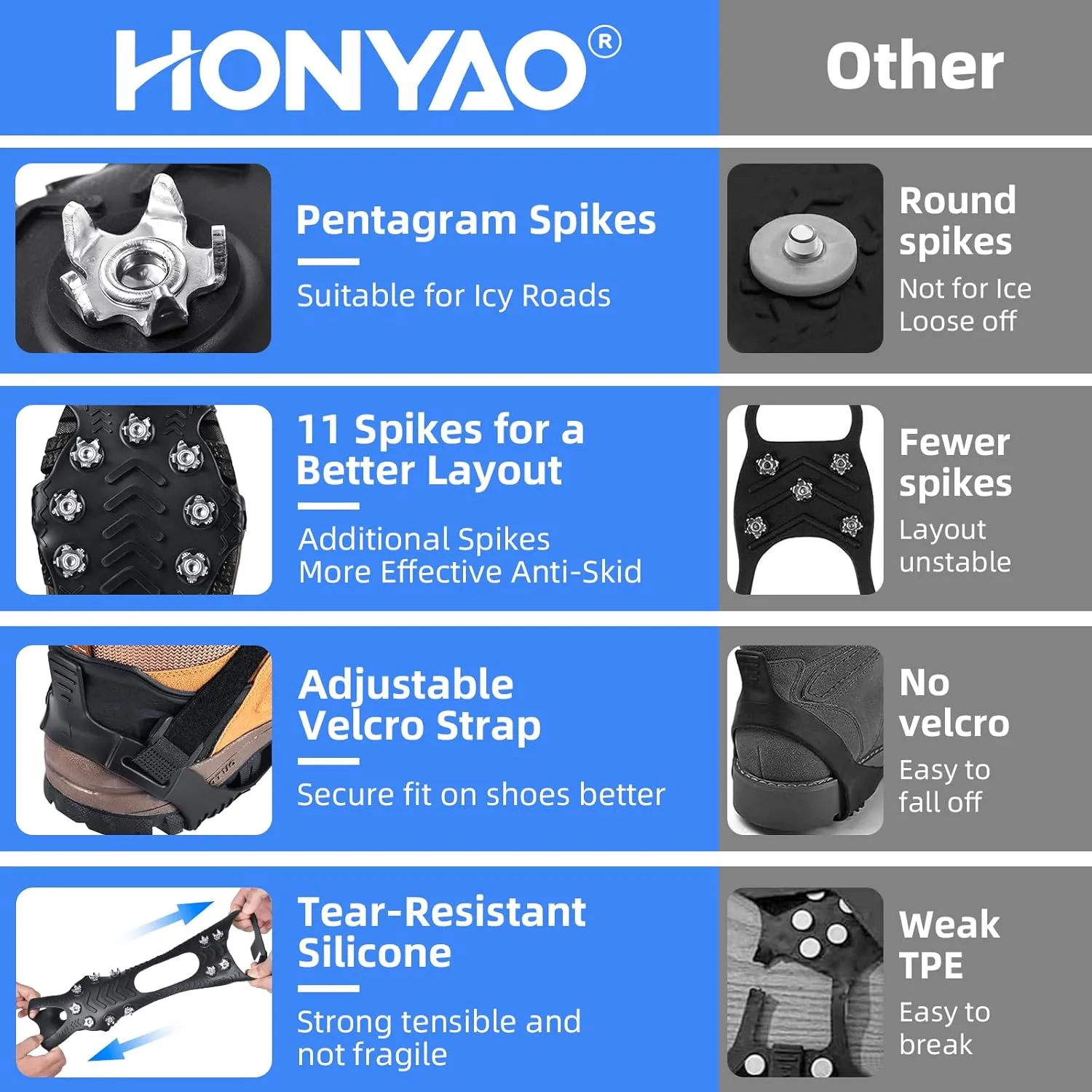 Ice Cleats Crampons for Shoes and Boots, Stainless Steel Ice Grippers Spikes Grips Traction for Winter Ice Snow, Hiking Climbing Ice Fishing