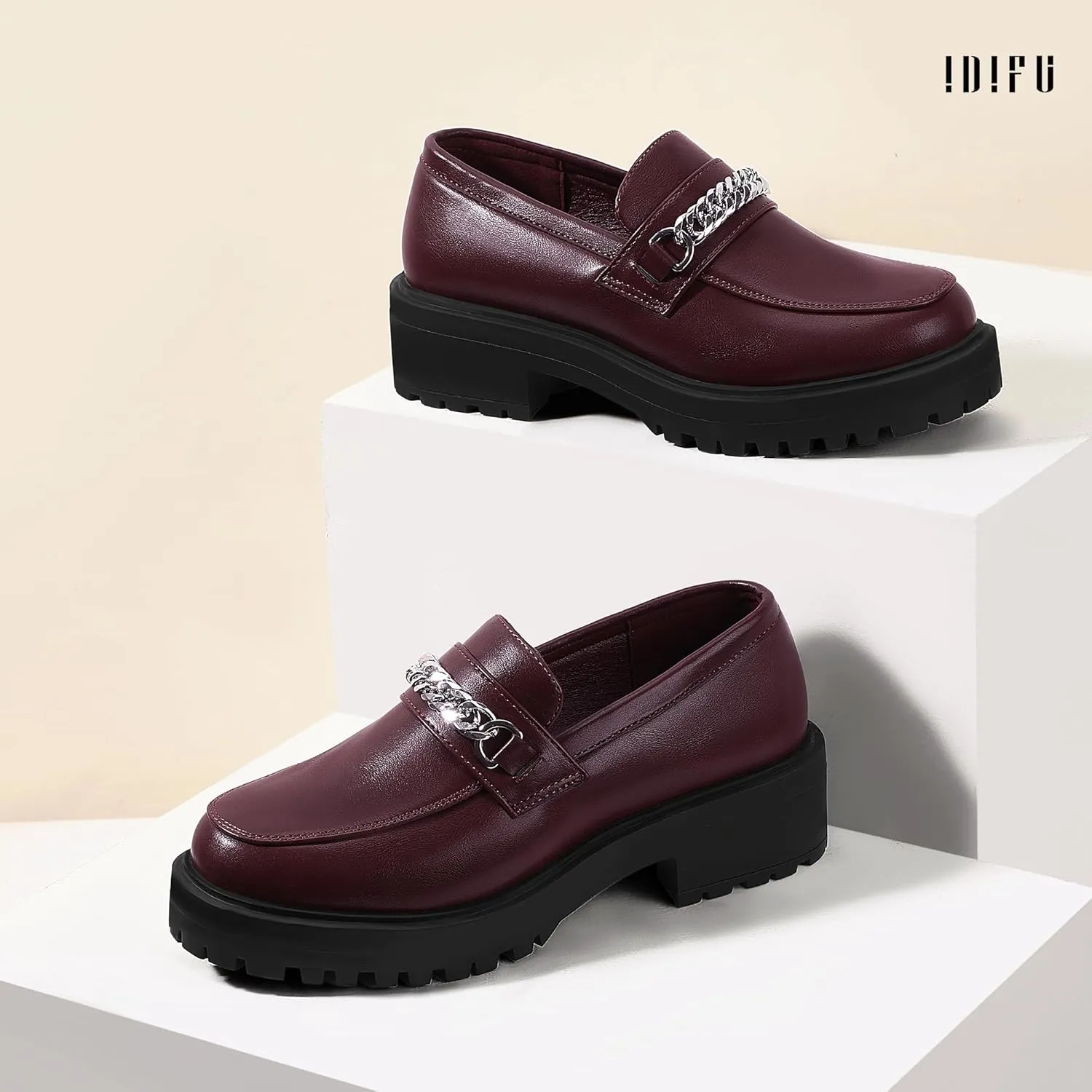 IDIFU IN2 Platform Loafers for Women with Chain Chunky Heel Penny Loafers Comfortable Round Toe Dress Shoes Work Office Business Dressy Fashion Casual Slip On Lug Sole Loafers Shoes