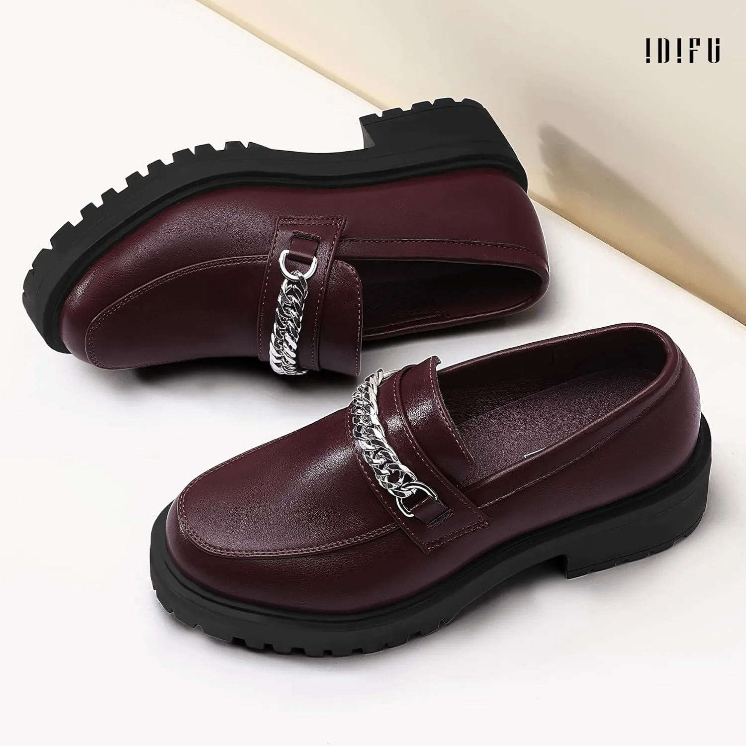 IDIFU IN2 Platform Loafers for Women with Chain Chunky Heel Penny Loafers Comfortable Round Toe Dress Shoes Work Office Business Dressy Fashion Casual Slip On Lug Sole Loafers Shoes