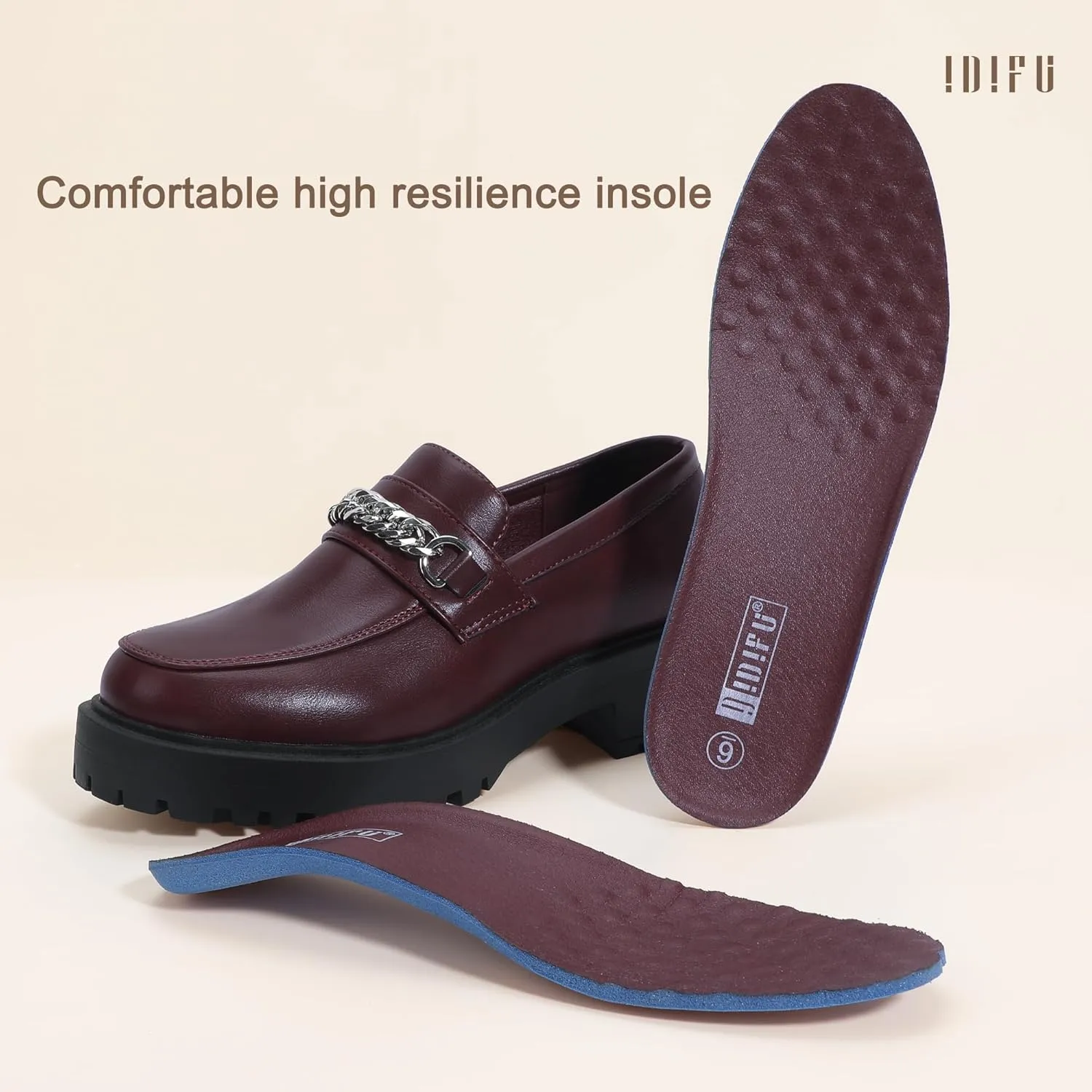 IDIFU IN2 Platform Loafers for Women with Chain Chunky Heel Penny Loafers Comfortable Round Toe Dress Shoes Work Office Business Dressy Fashion Casual Slip On Lug Sole Loafers Shoes