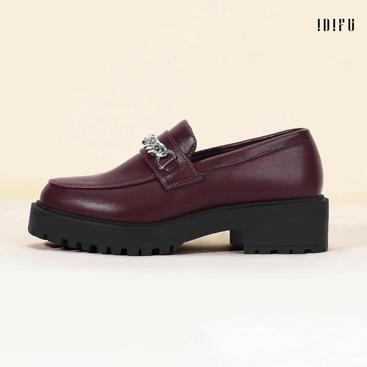 IDIFU IN2 Platform Loafers for Women with Chain Chunky Heel Penny Loafers Comfortable Round Toe Dress Shoes Work Office Business Dressy Fashion Casual Slip On Lug Sole Loafers Shoes