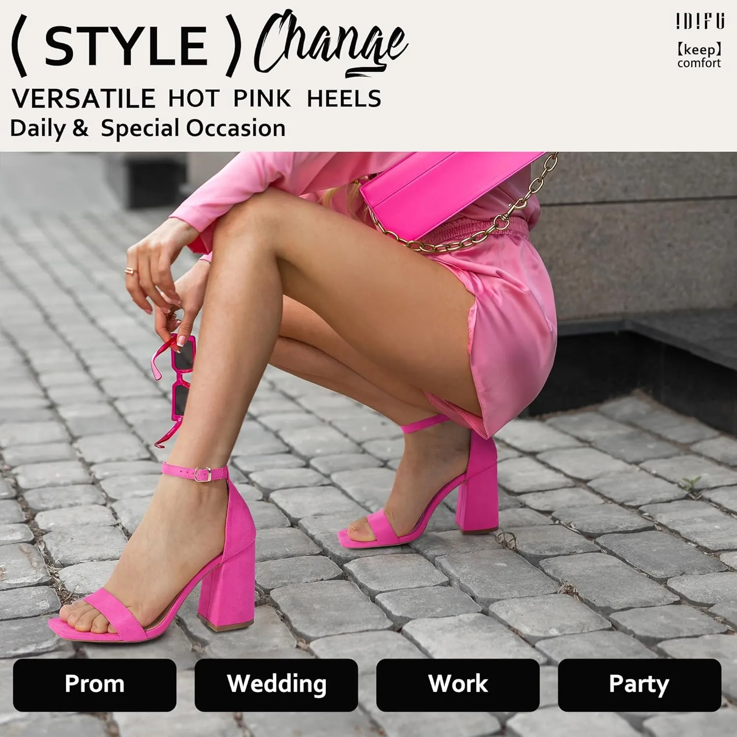 IDIFU IN4 High Chunky Block Heels Square Open Toe Ankle Strap Heeled Sandals Wedding Bridal Prom Dance Summer Dressy Comfortable Sexy Trendy Bride Bridesmaid Dress Shoes Cute Thick Women Heels
