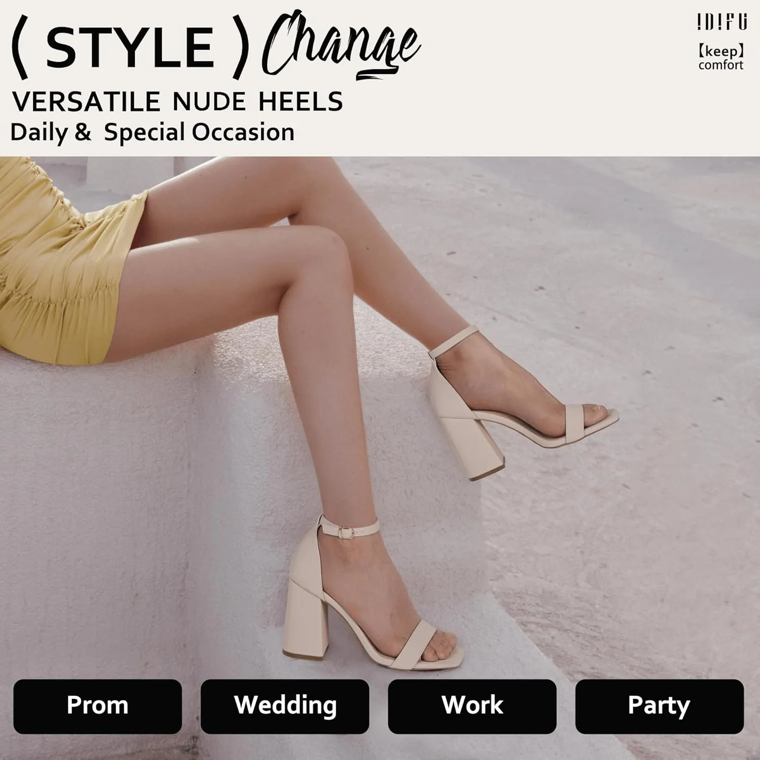 IDIFU IN4 High Chunky Block Heels Square Open Toe Ankle Strap Heeled Sandals Wedding Bridal Prom Dance Summer Dressy Comfortable Sexy Trendy Bride Bridesmaid Dress Shoes Cute Thick Women Heels
