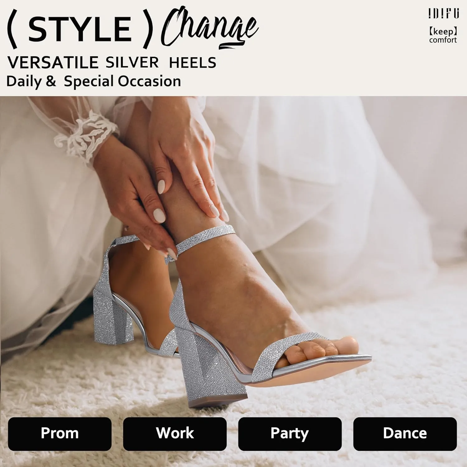IDIFU IN4 High Chunky Block Heels Square Open Toe Ankle Strap Heeled Sandals Wedding Bridal Prom Dance Summer Dressy Comfortable Sexy Trendy Bride Bridesmaid Dress Shoes Cute Thick Women Heels
