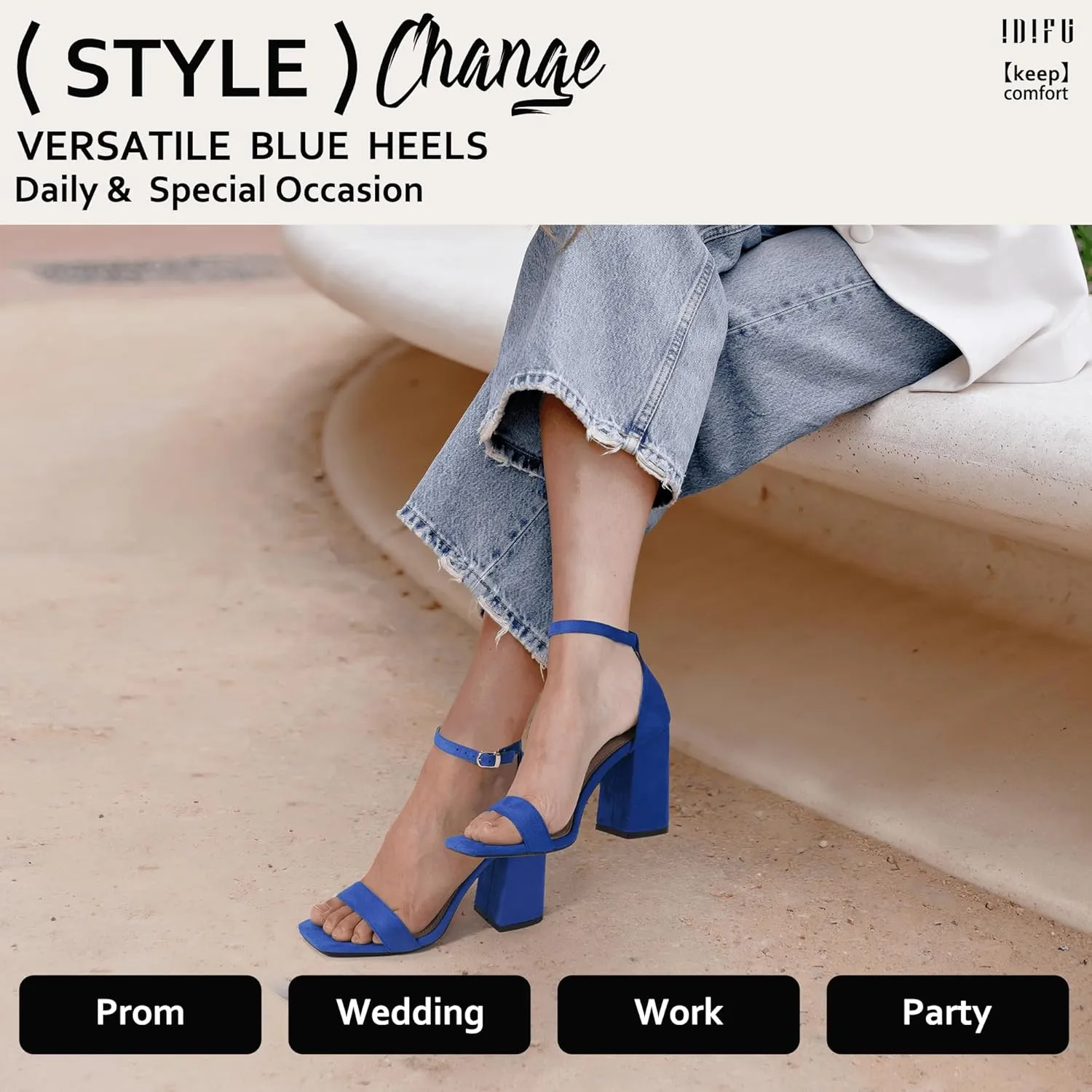 IDIFU IN4 High Chunky Block Heels Square Open Toe Ankle Strap Heeled Sandals Wedding Bridal Prom Dance Summer Dressy Comfortable Sexy Trendy Bride Bridesmaid Dress Shoes Cute Thick Women Heels