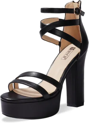 IDIFU Women's Platform Chunky High Heels Dress Sandals Open Toe Ankle Strap Strappy Wedding Bridal Party Dance Shoes For Women Bride