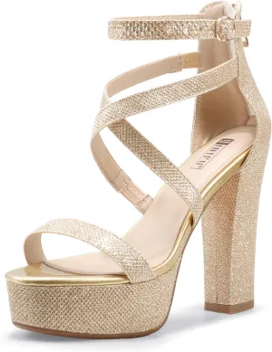 IDIFU Women's Platform Chunky High Heels Dress Sandals Open Toe Ankle Strap Strappy Wedding Bridal Party Dance Shoes For Women Bride