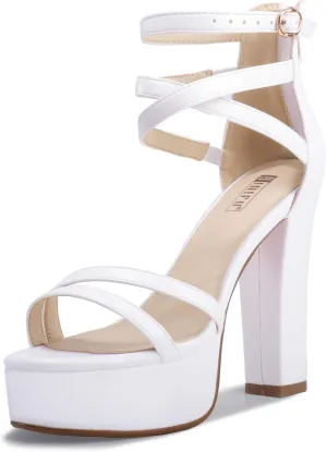 IDIFU Women's Platform Chunky High Heels Dress Sandals Open Toe Ankle Strap Strappy Wedding Bridal Party Dance Shoes For Women Bride