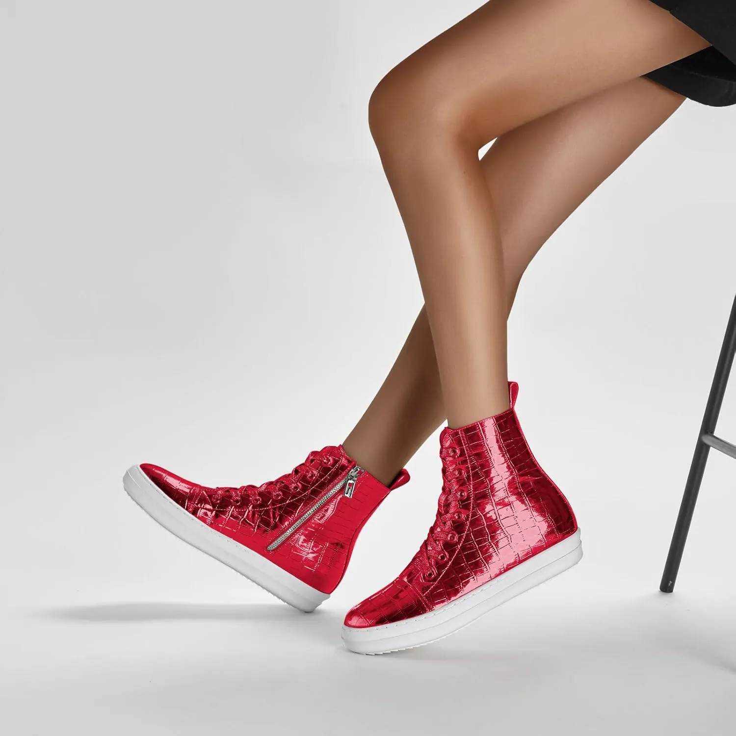 IMPREMEY Women's High Top Sneakers Lace Up Crocodile Leather Shoes with Thick Soles and Zipper, Fashionable Walking Shoes