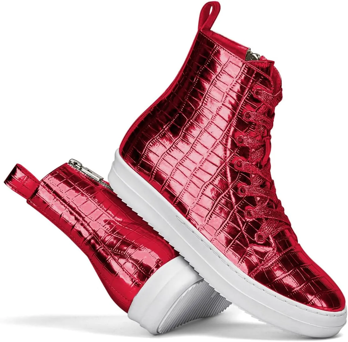 IMPREMEY Women's High Top Sneakers Lace Up Crocodile Leather Shoes with Thick Soles and Zipper, Fashionable Walking Shoes