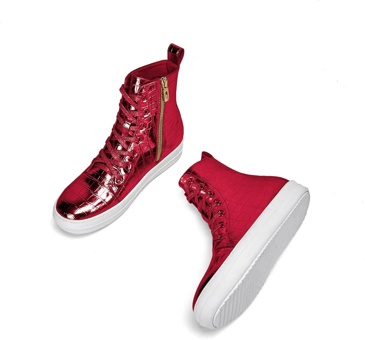 IMPREMEY Women's High Top Sneakers Lace Up Crocodile Leather Shoes with Thick Soles and Zipper, Fashionable Walking Shoes