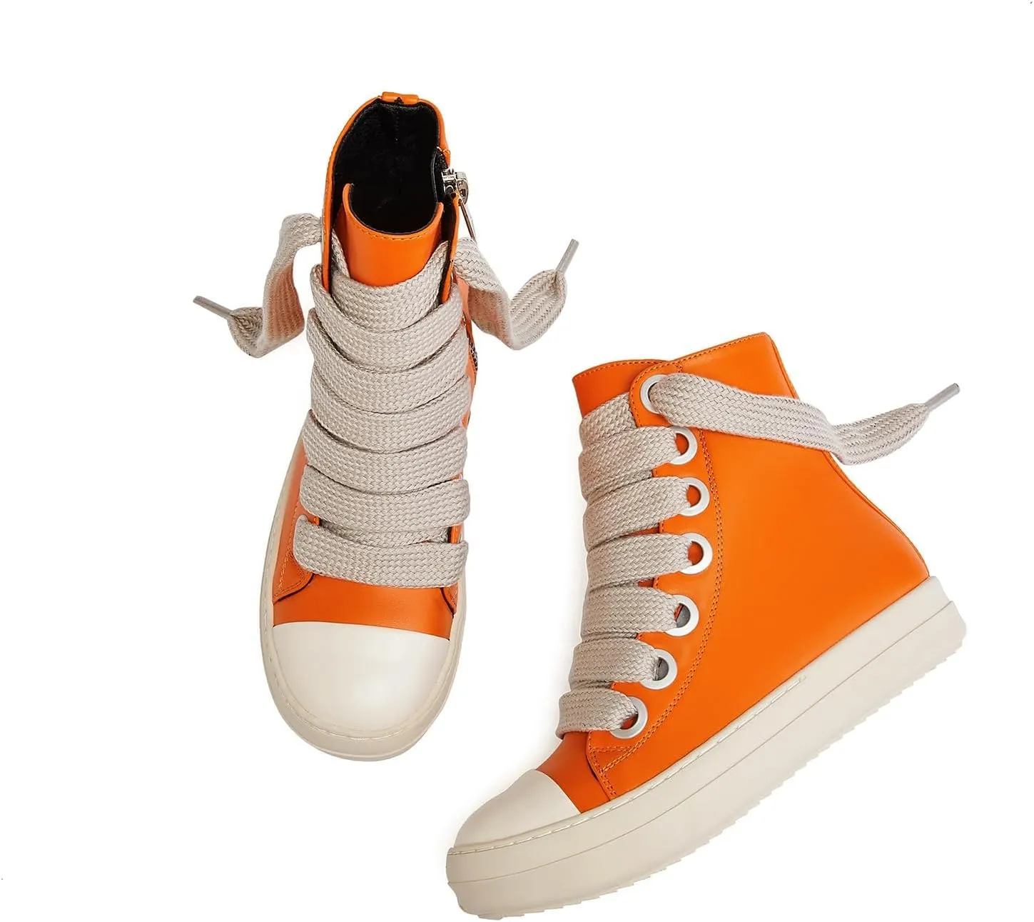 IMPREMEY Women's High Top Sneakers Lace Up PU Leather Shoes with Thick Soles and Zipper, Fashionable Walking Shoes