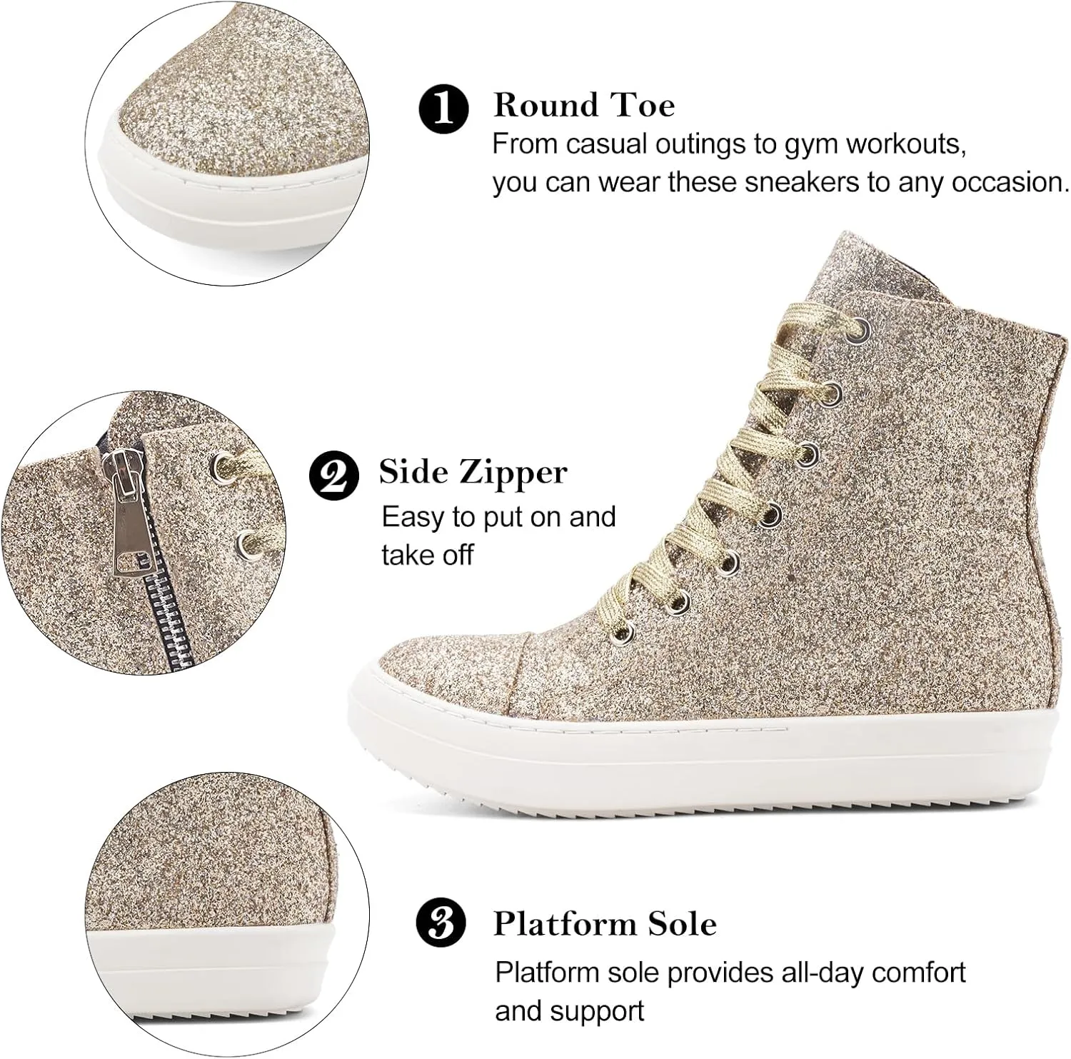 IMPREMEY Women's High Top Sneakers Lace Up PU Leather Shoes with Thick Soles and Zipper, Fashionable Walking Shoes