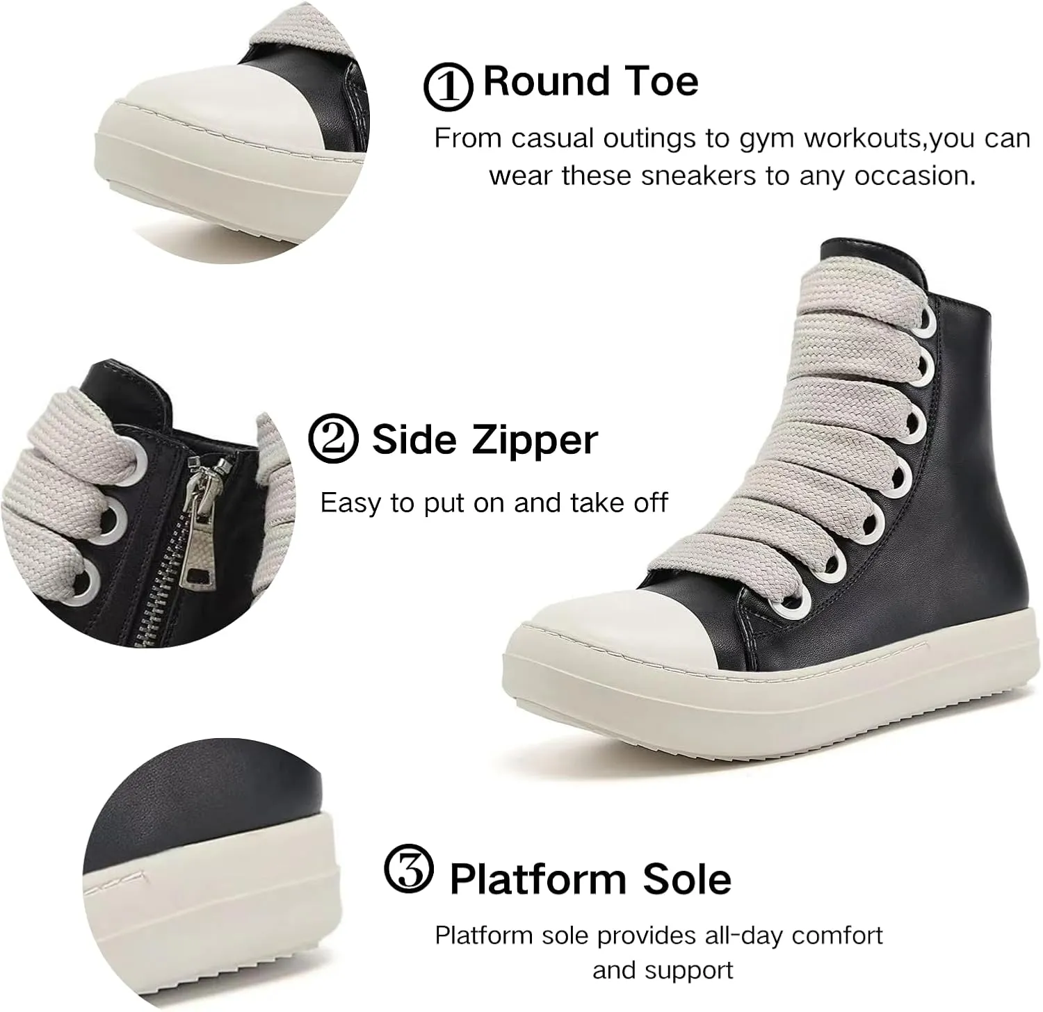 IMPREMEY Women's High Top Sneakers Lace Up PU Leather Shoes with Thick Soles and Zipper, Fashionable Walking Shoes