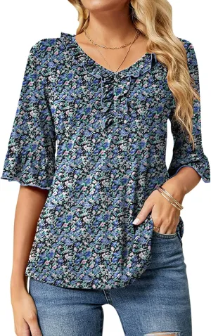 Ivicoer Women's Casual V Neck T Shirts Loose Summer Fall 3/4 Bell Sleeve Tops Ruffle Tunic Blouses